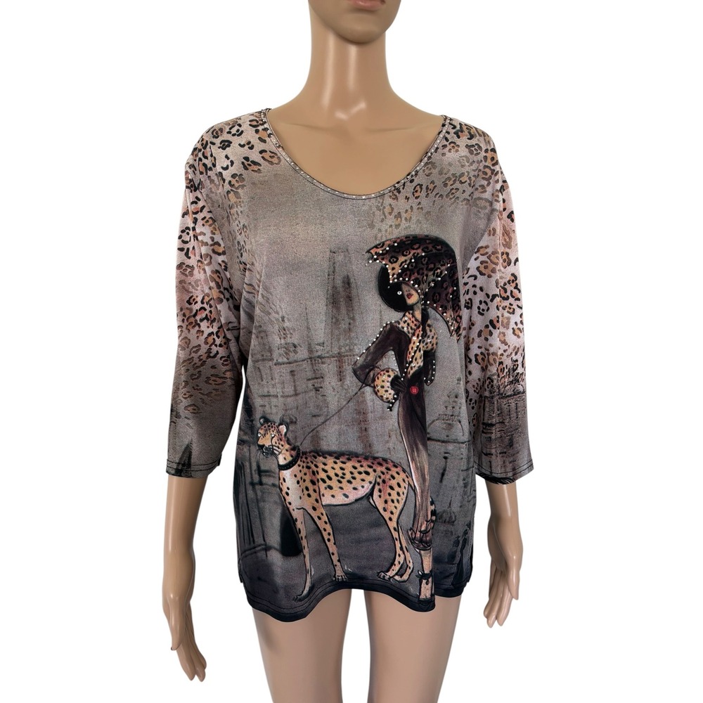 Y2K Walking Cheetah Graphic Top Leopard Print Rhinestone 3/4 Sleeve Mob Wife